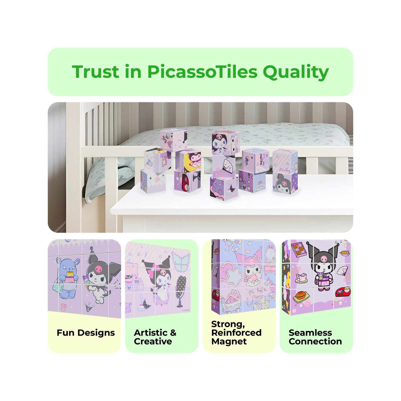 Kuromi 12pc Cubes infographic highlighting artistic designs, strong magnets, and seamless connections.