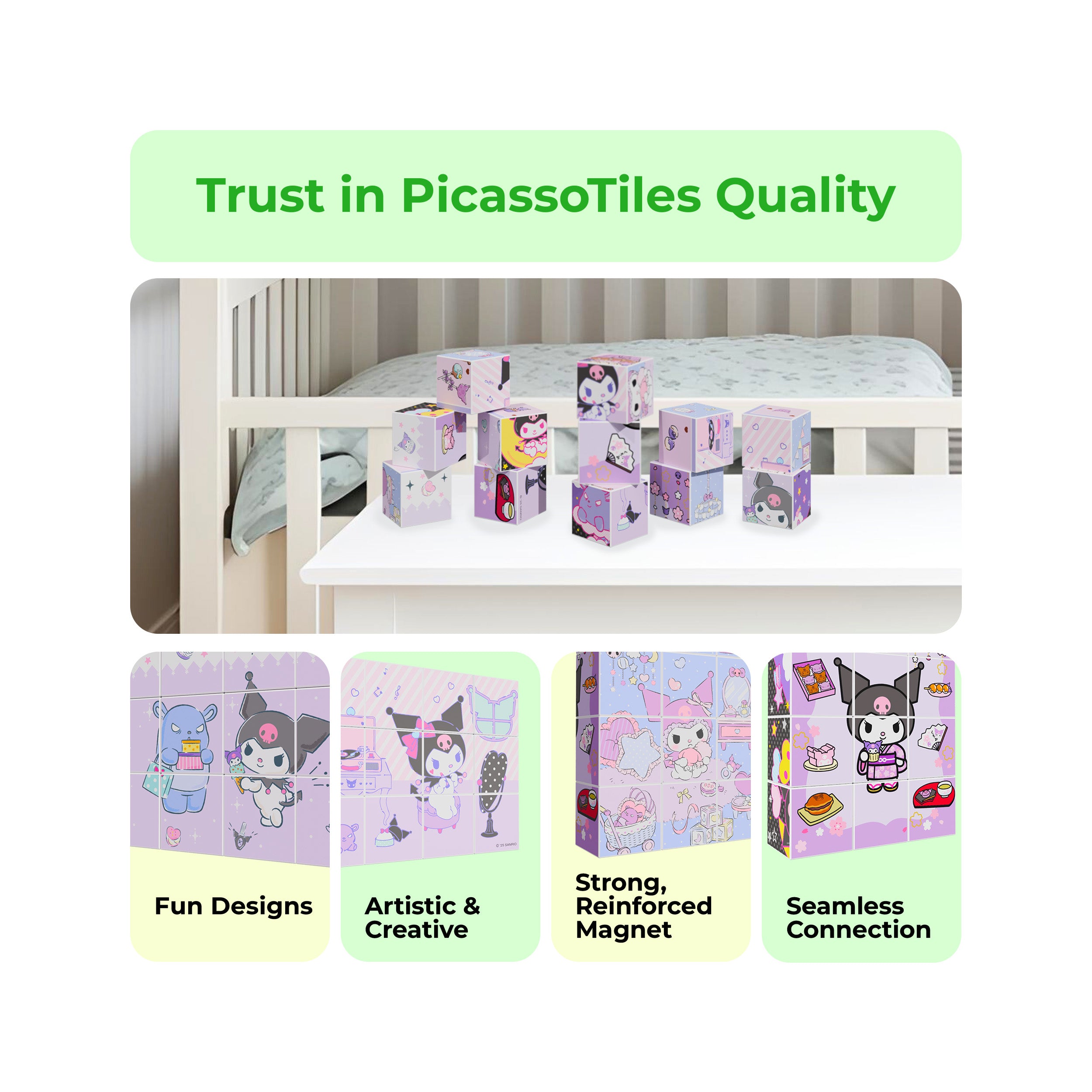Kuromi 12pc Cubes infographic highlighting artistic designs, strong magnets, and seamless connections.