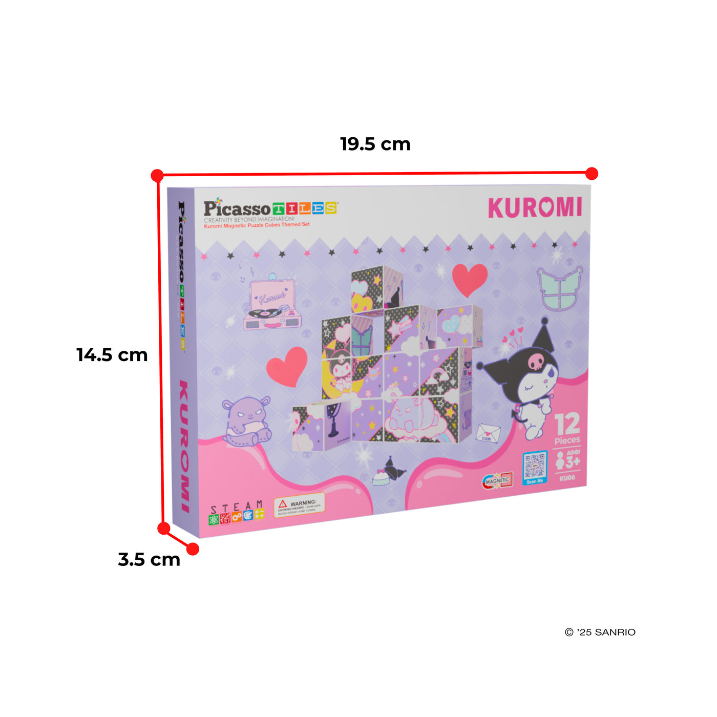 Kuromi 12pc Cubes: Six-sided puzzle blocks (3cm) forming pastel scenes. Box: 19.5x14.5x3.5 cm.