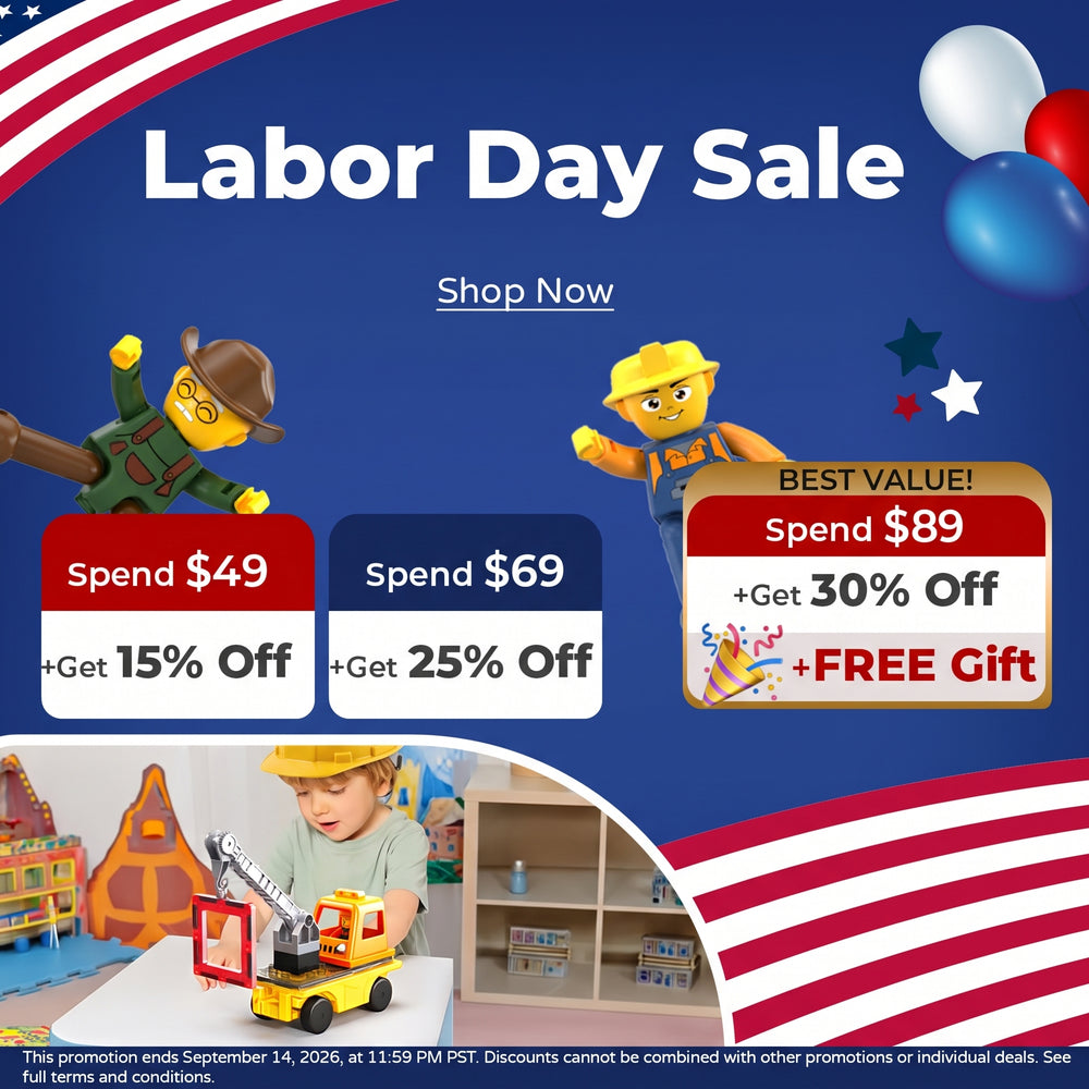 Labor Day Sale promotional banner with red, white, and blue patriotic graphics, 'Labor Day Sale' text, 'Shop Now' link, three discount offer boxes, toy worker illustrations, and a small inset photo of a child playing with PicassoTiles toys.