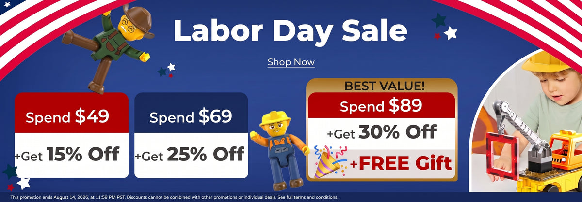 Labor Day Sale promotional banner with PicassoTiles character graphics, including a child playing with a toy in a workshop setting and sale price callouts for different STEM sets on a blue background with red and white stripes.