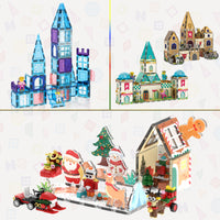 Magnetic tile castle and Christmas builds featuring gingerbread house, Santa, snowman, and character figures.   