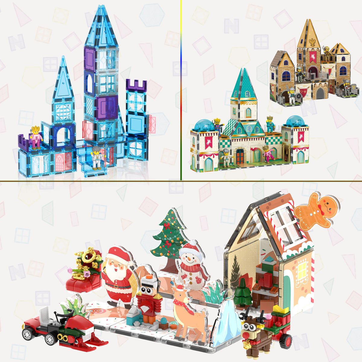 Magnetic tile castle and Christmas builds featuring gingerbread house, Santa, snowman, and character figures.   