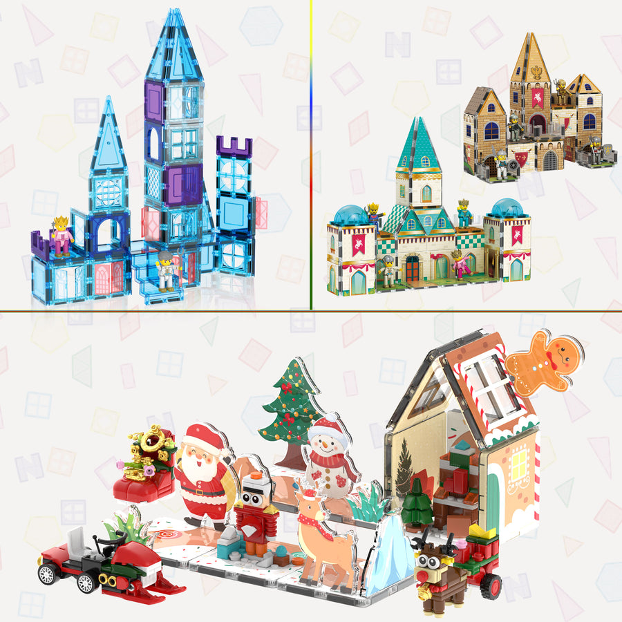 Magnetic tile castle and Christmas builds featuring gingerbread house, Santa, snowman, and character figures.   