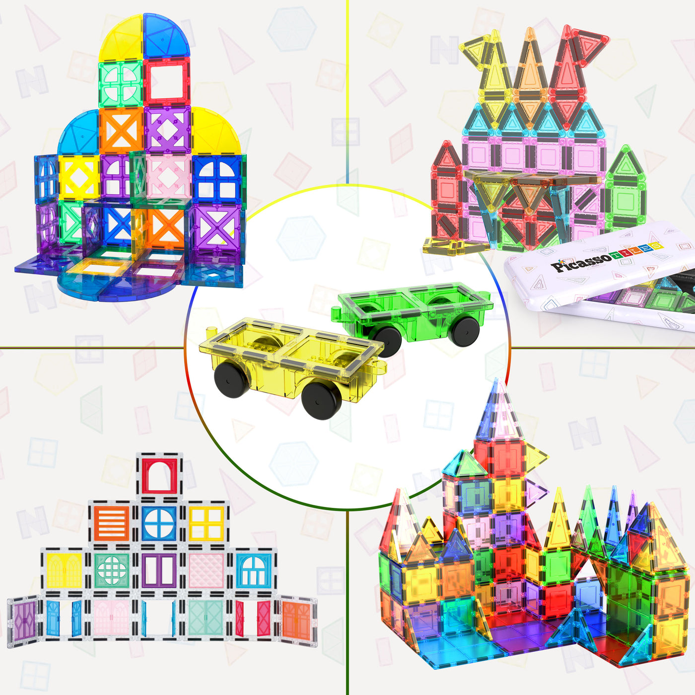 PicassoTiles bundle featuring multiple magnetic builds and accesory cars