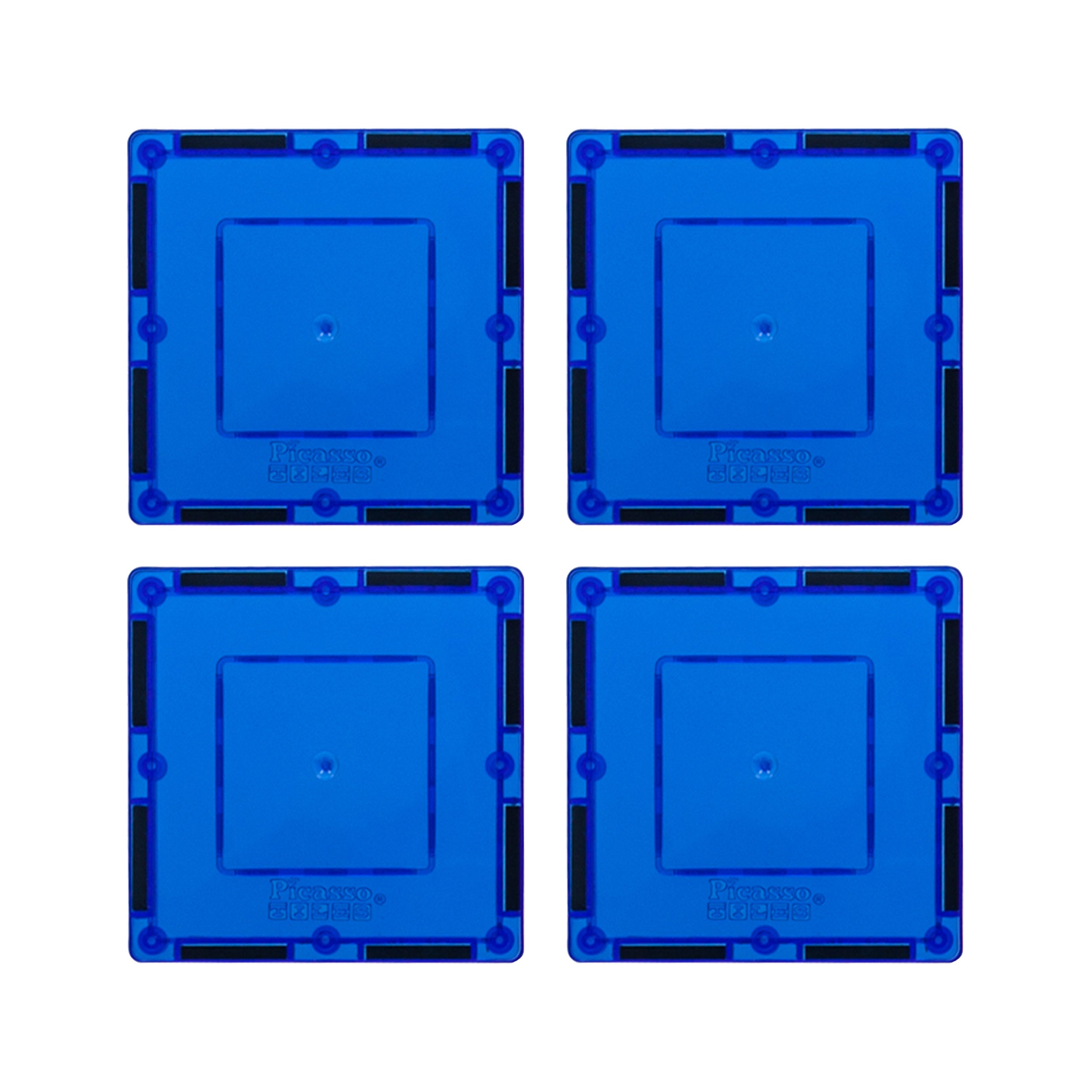 PicassoTiles 4 Piece 3" x 3" Blue Square Magnetic Tiles