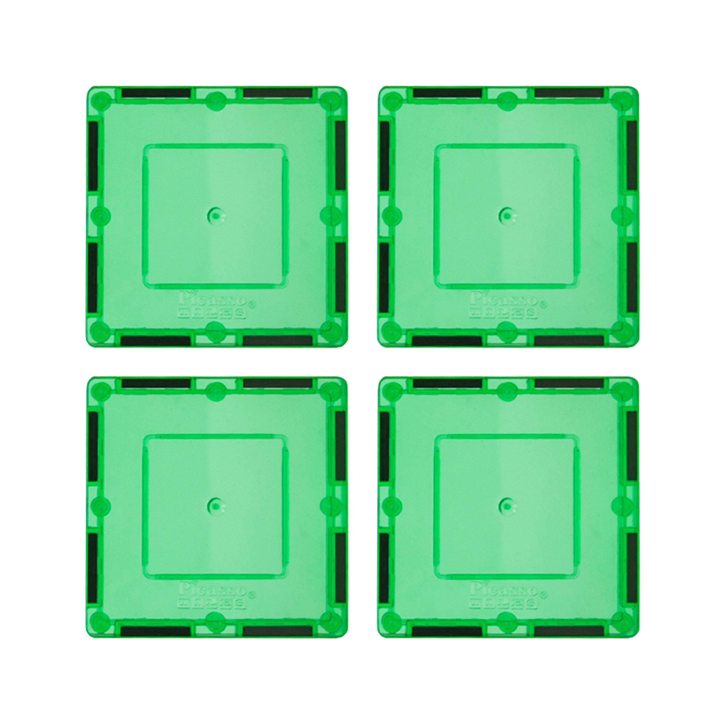 PicassoTiles 4 Piece 3" x 3" Green Square Magnetic Tiles
