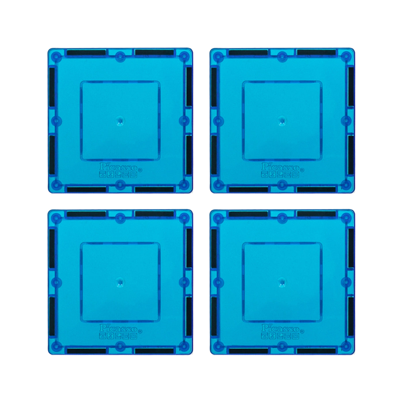 PicassoTiles 4 Piece 3" x 3" Light Blue Square Magnetic Tiles