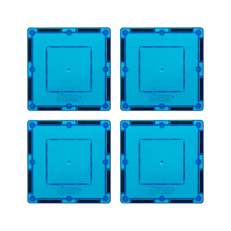 PicassoTiles 4 Piece 3" x 3" Light Blue Square Magnetic Tiles