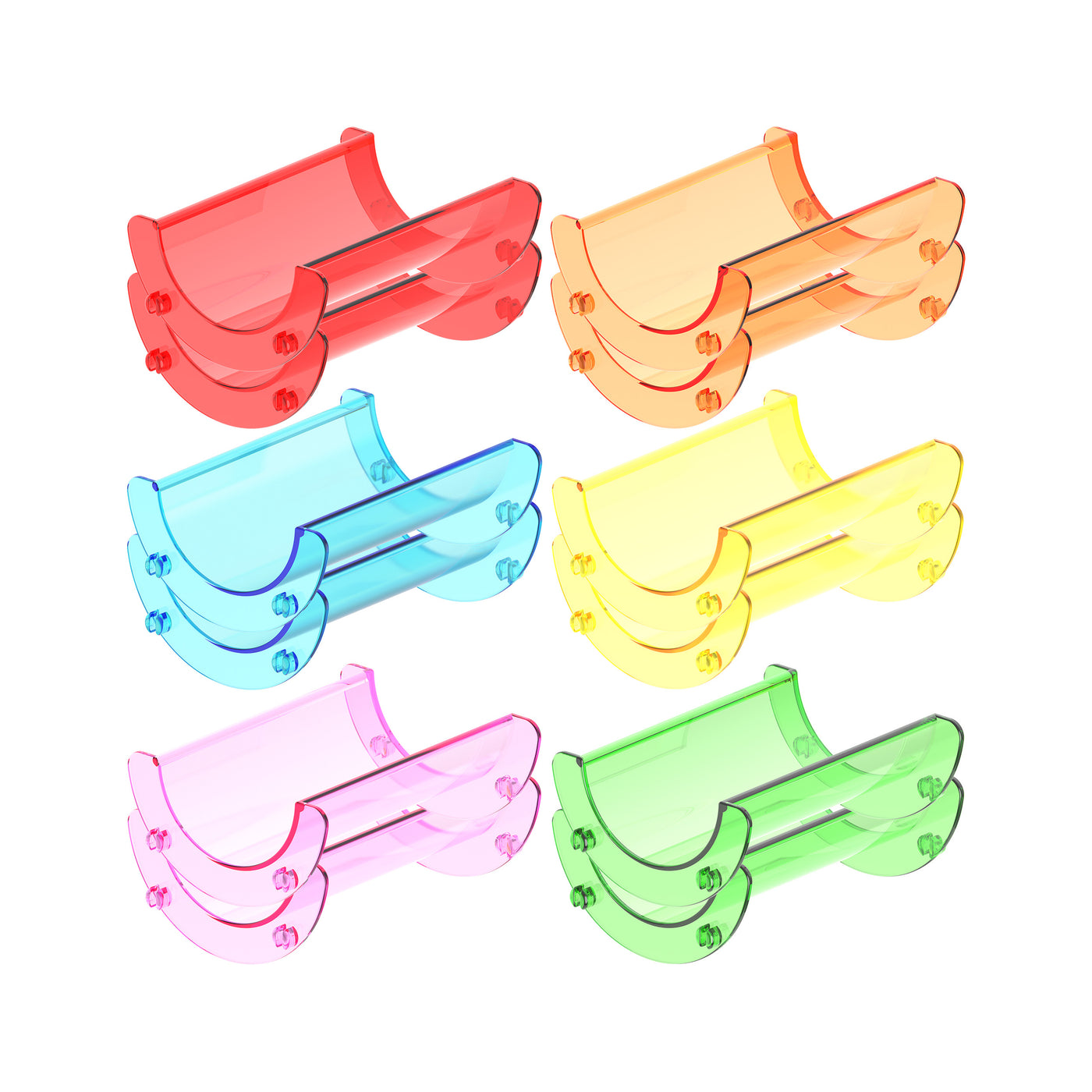 Six pairs of translucent straight plastic track pieces in yellow, pink, blue, green, red, orange, purple, and cyan.