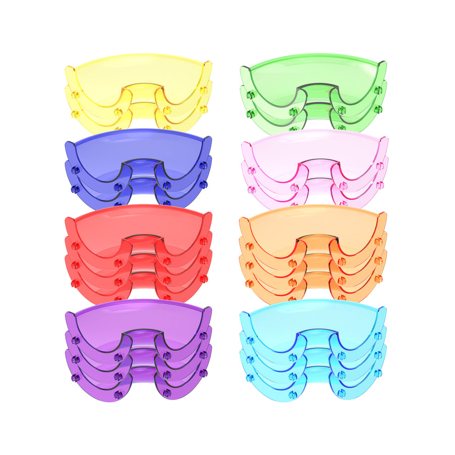 Eight stacks of translucent curved plastic building pieces in yellow, pink, blue, green, red, orange, purple, and cyan.