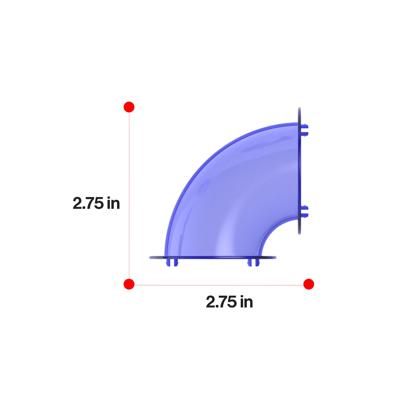 Translucent blue curved tube building piece with dimensions 2.75 inches in height and 2.75 inches in length.