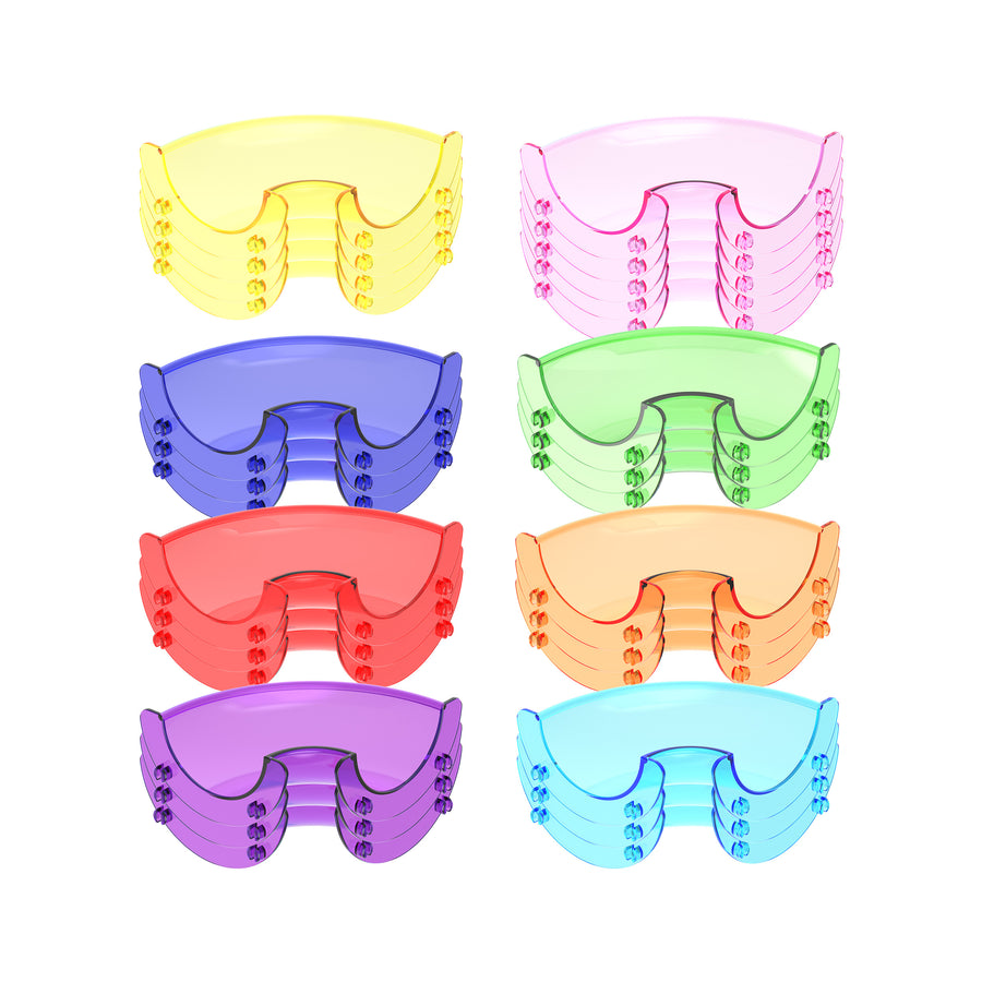 Eight stacks of translucent curved plastic accessory building pieces in yellow, pink, blue, green, red, orange, purple, and cyan.