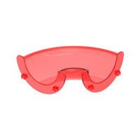 Single translucent red curved plastic building piece with side connector pegs, isolated on a white background.