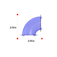 Translucent blue curved tube building piece with dimensions 2.75 inches in height and 2.75 inches in length.