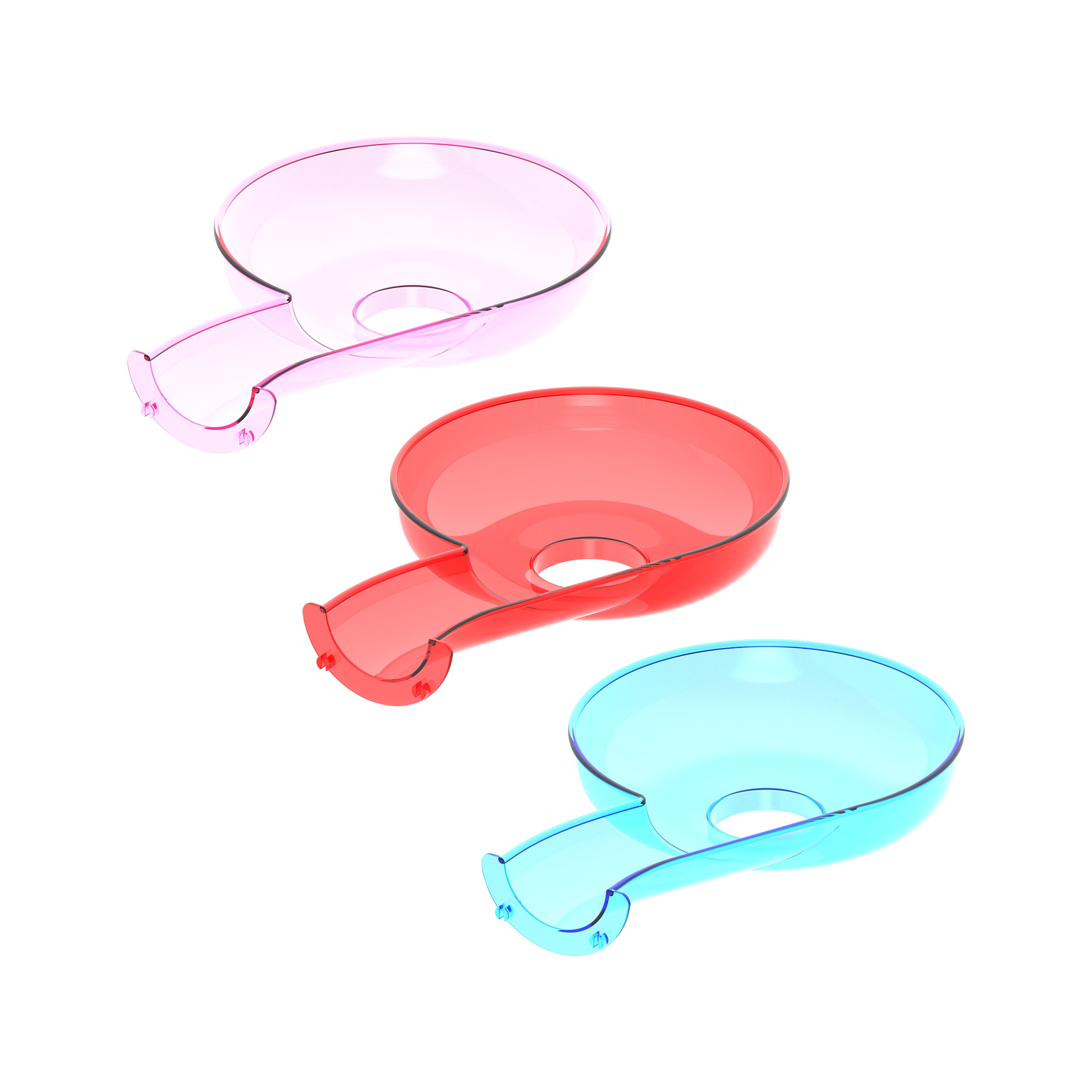 Three translucent funnel-shaped plastic track pieces in pink, red, and cyan