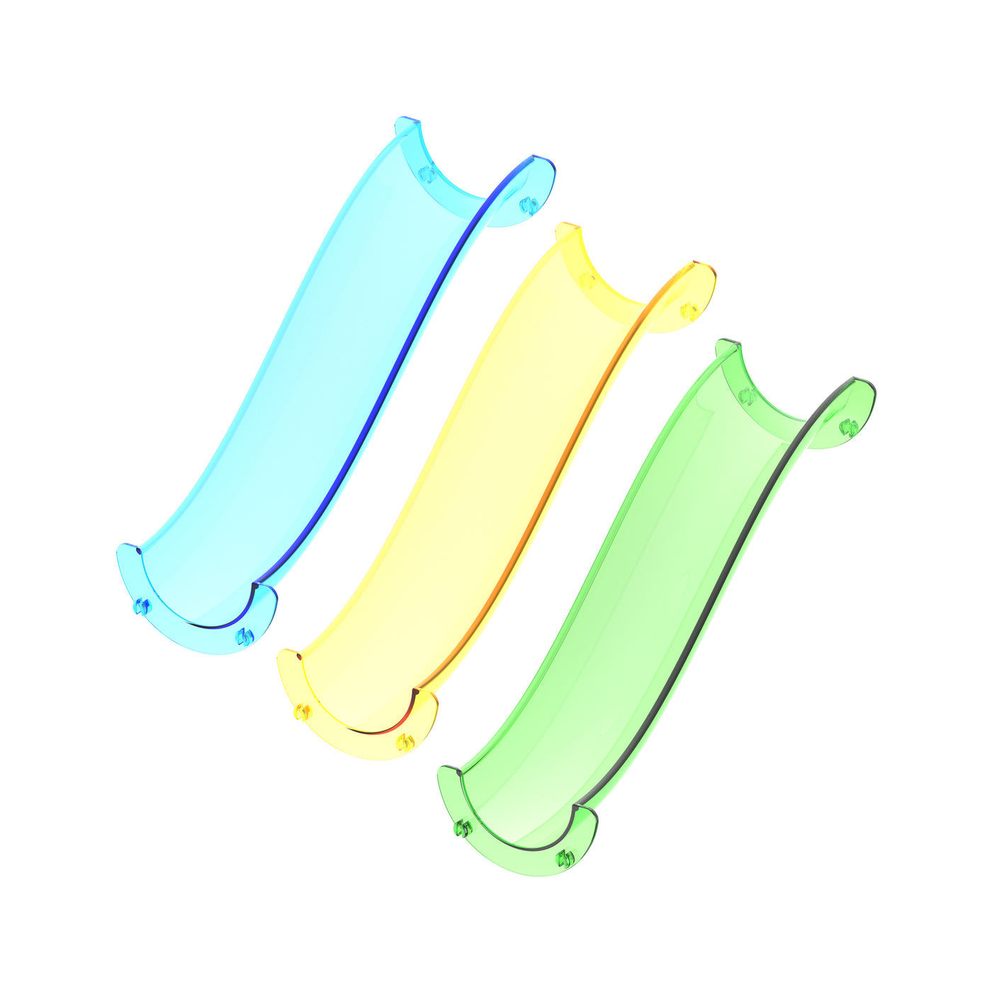 Three translucent s-curve plastic track pieces in cyan, yellow, and green