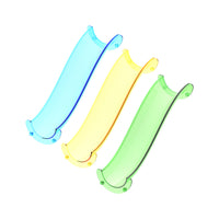 Three translucent s-curve plastic track pieces in cyan, yellow, and green