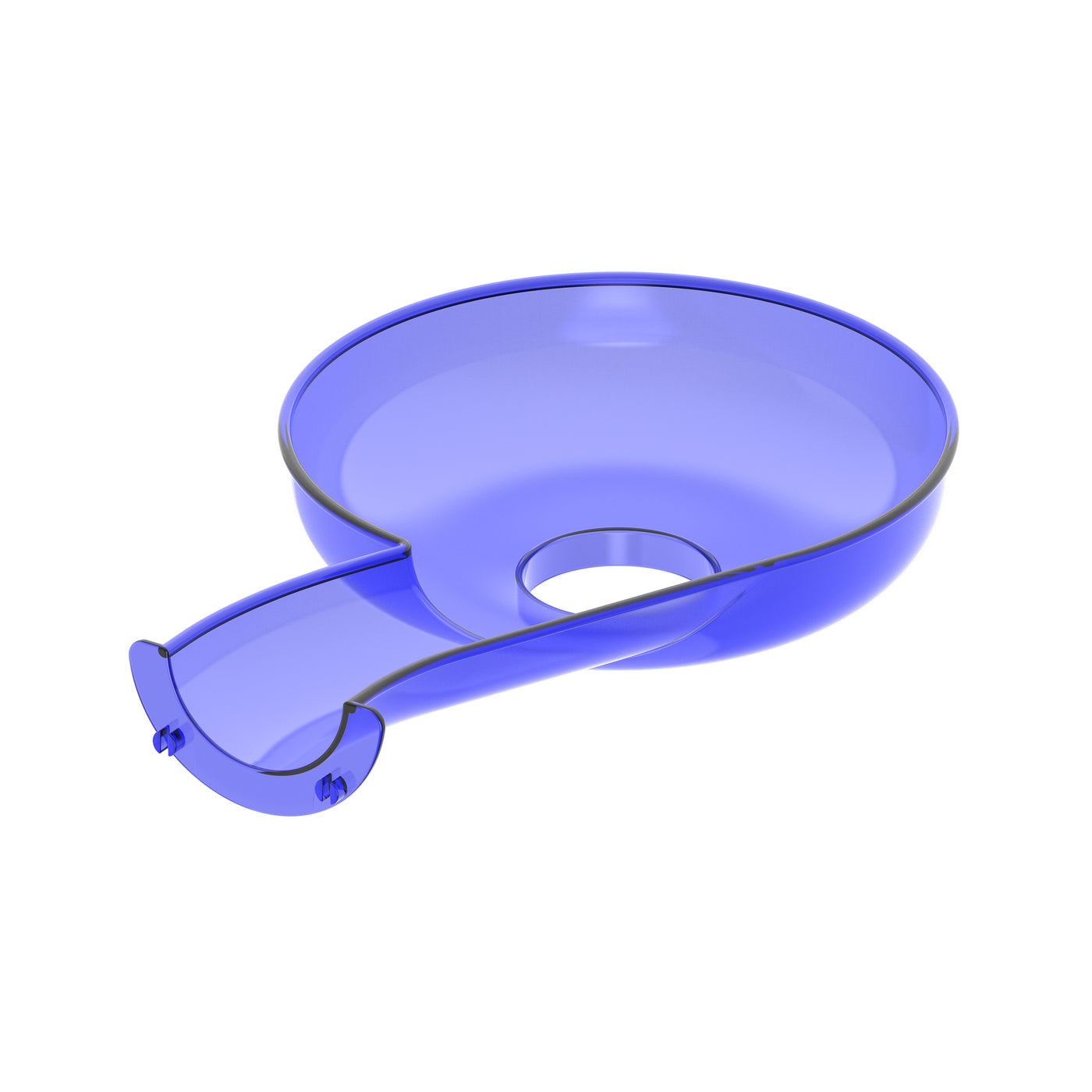 Single translucent blue funnel-shaped plastic track piece with entry ramp and center hole