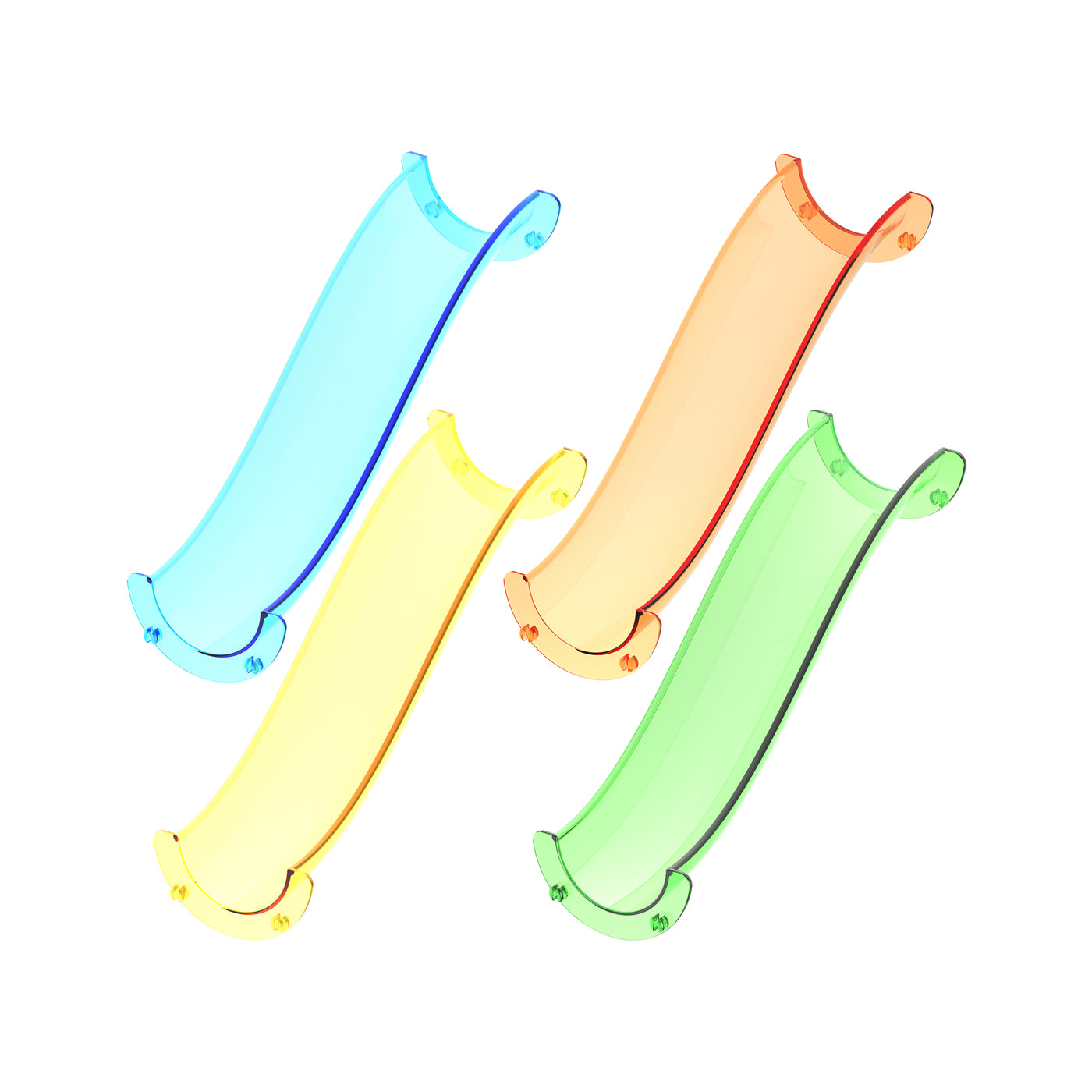 Four translucent s-curve plastic track pieces in cyan, yellow, orange and green