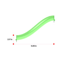 Translucent green s-curve plastic track piece with dimensions 2.17 inches in height and 6.89 inches in length.