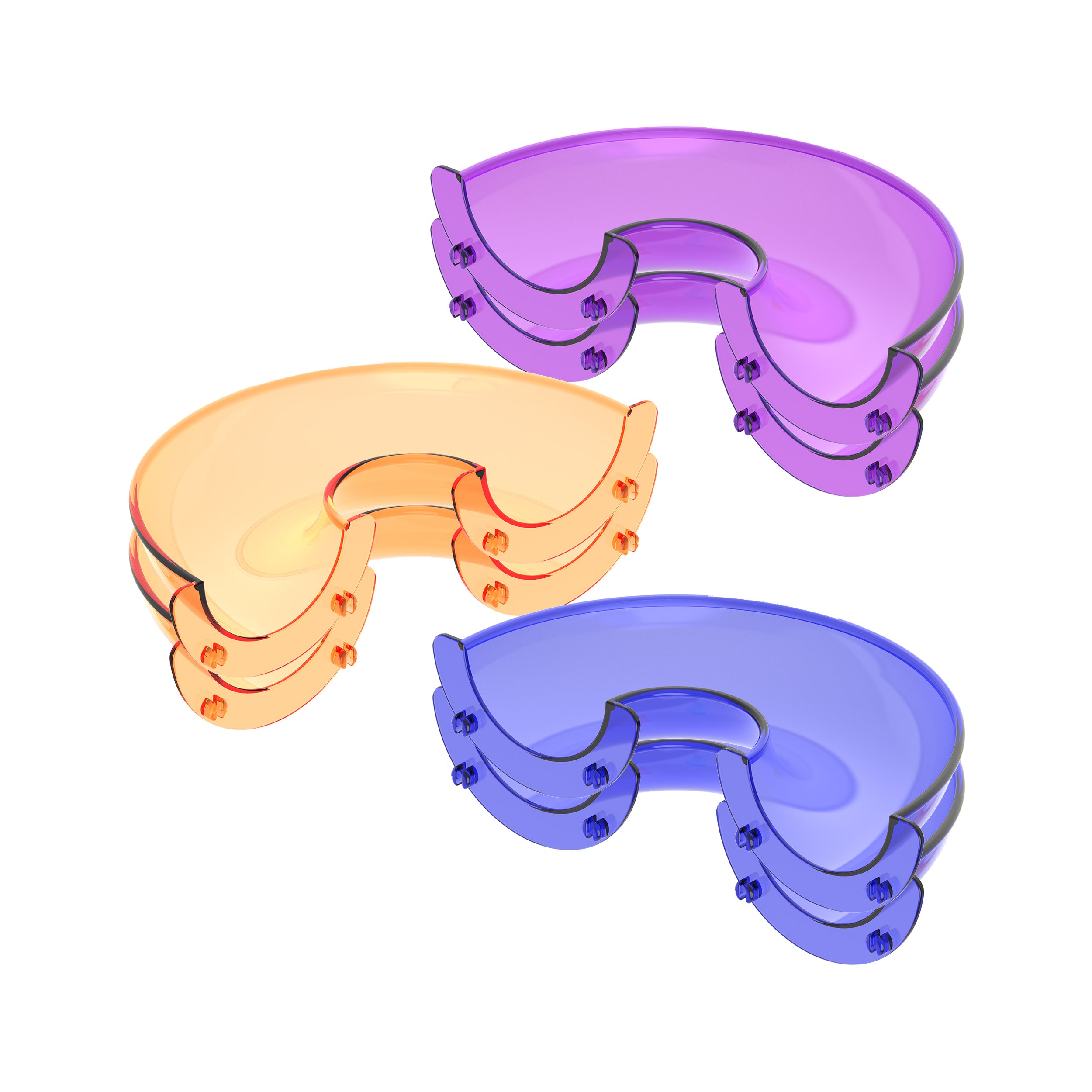Three stacks of translucent curved plastic building pieces in blue, orange and purple