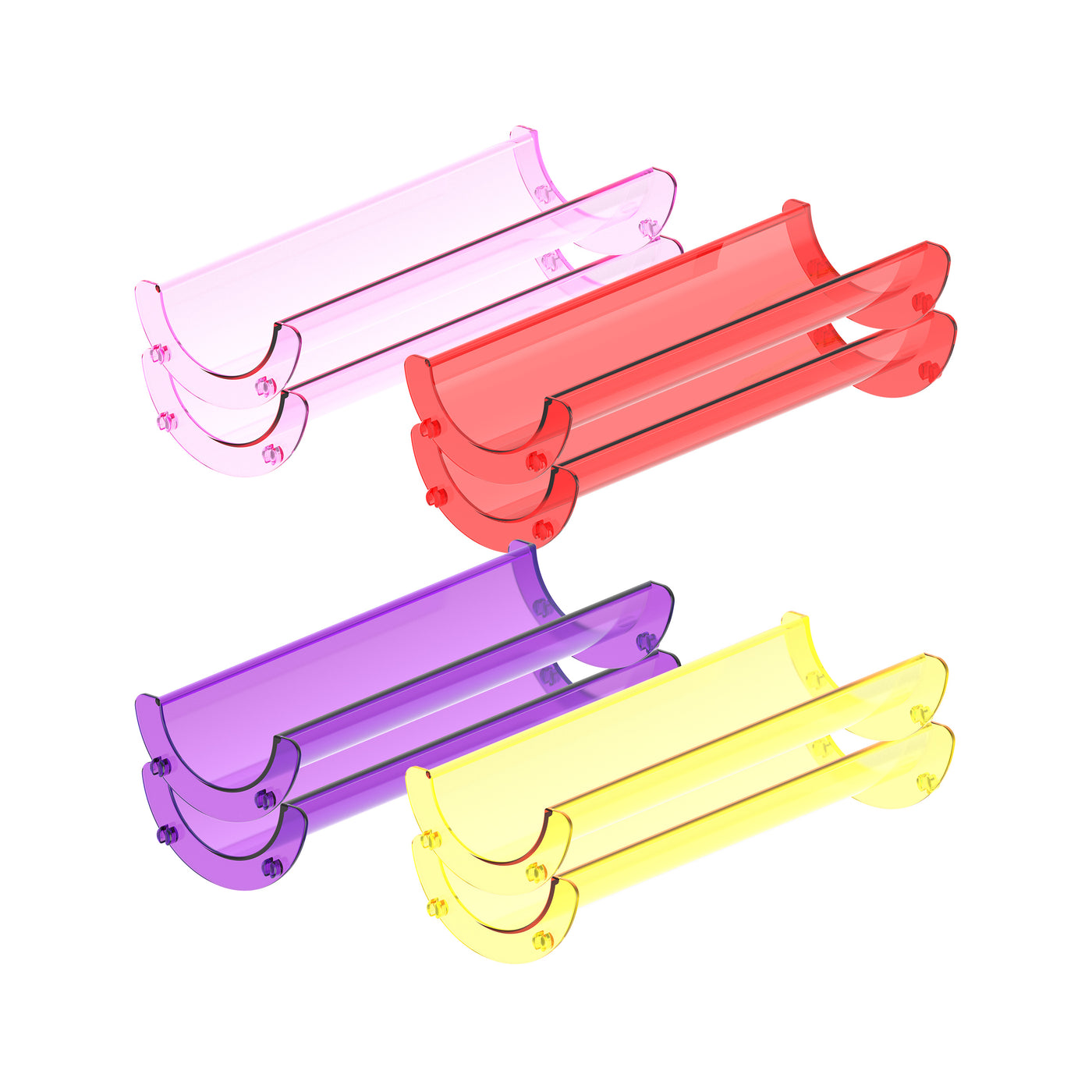 Four pairs of translucent straight plastic track pieces in pink, red, purple, and yellow.