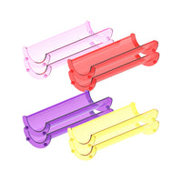 Four pairs of translucent straight plastic track pieces in pink, red, purple, and yellow.