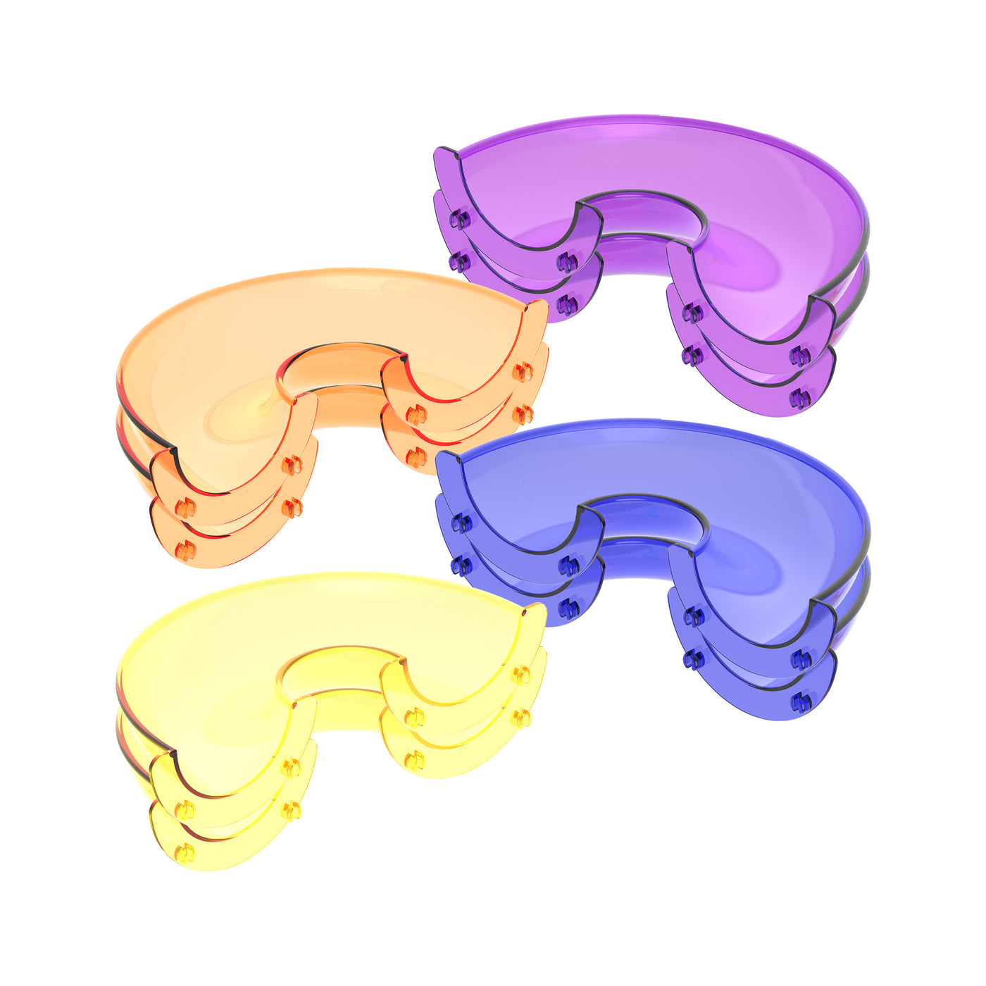 Four stacks of translucent curved plastic building pieces in yellow,  purple, blue, and orange