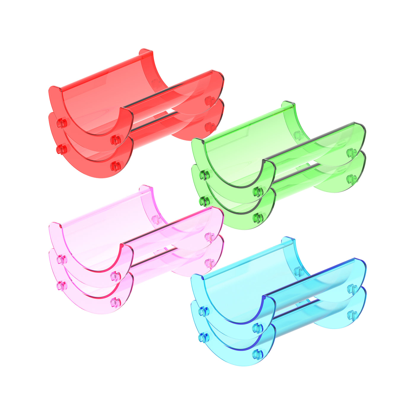 Four pairs of translucent straight plastic track pieces in pink, red, green, and cyan