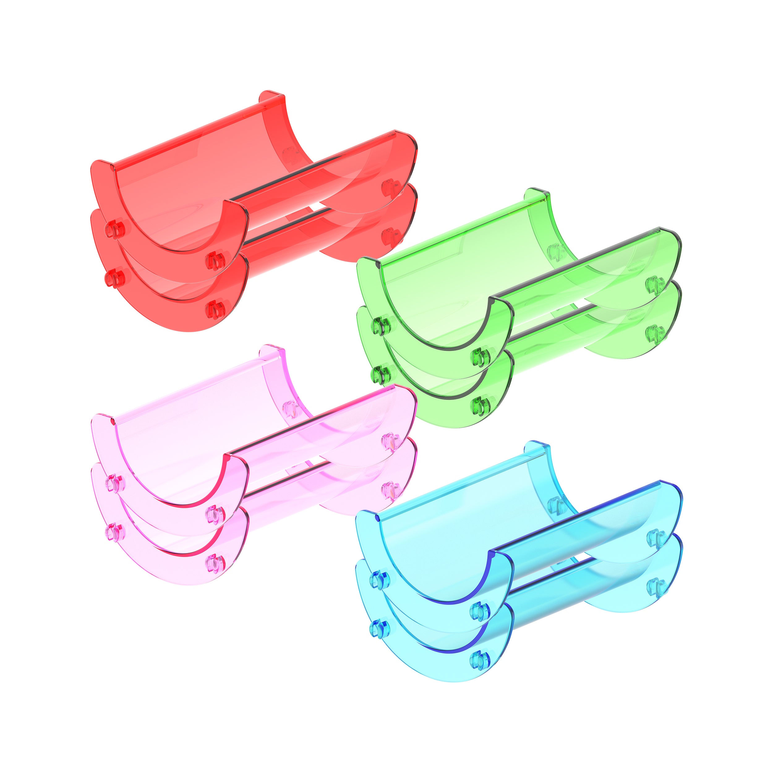 Four pairs of translucent straight plastic track pieces in pink, red, green, and cyan