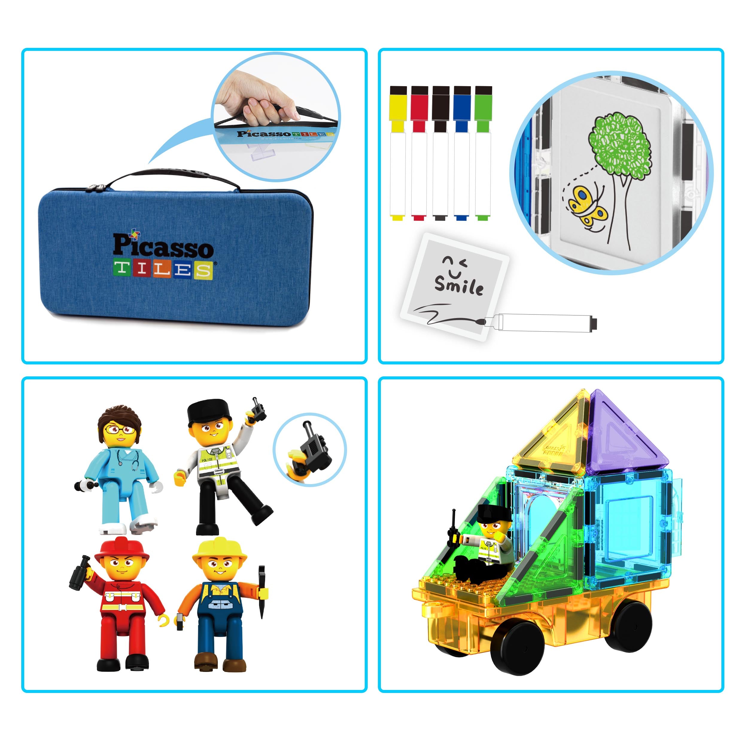 100pc Magnetic Tiles Set with Carry Case & Figures | PicassoTiles