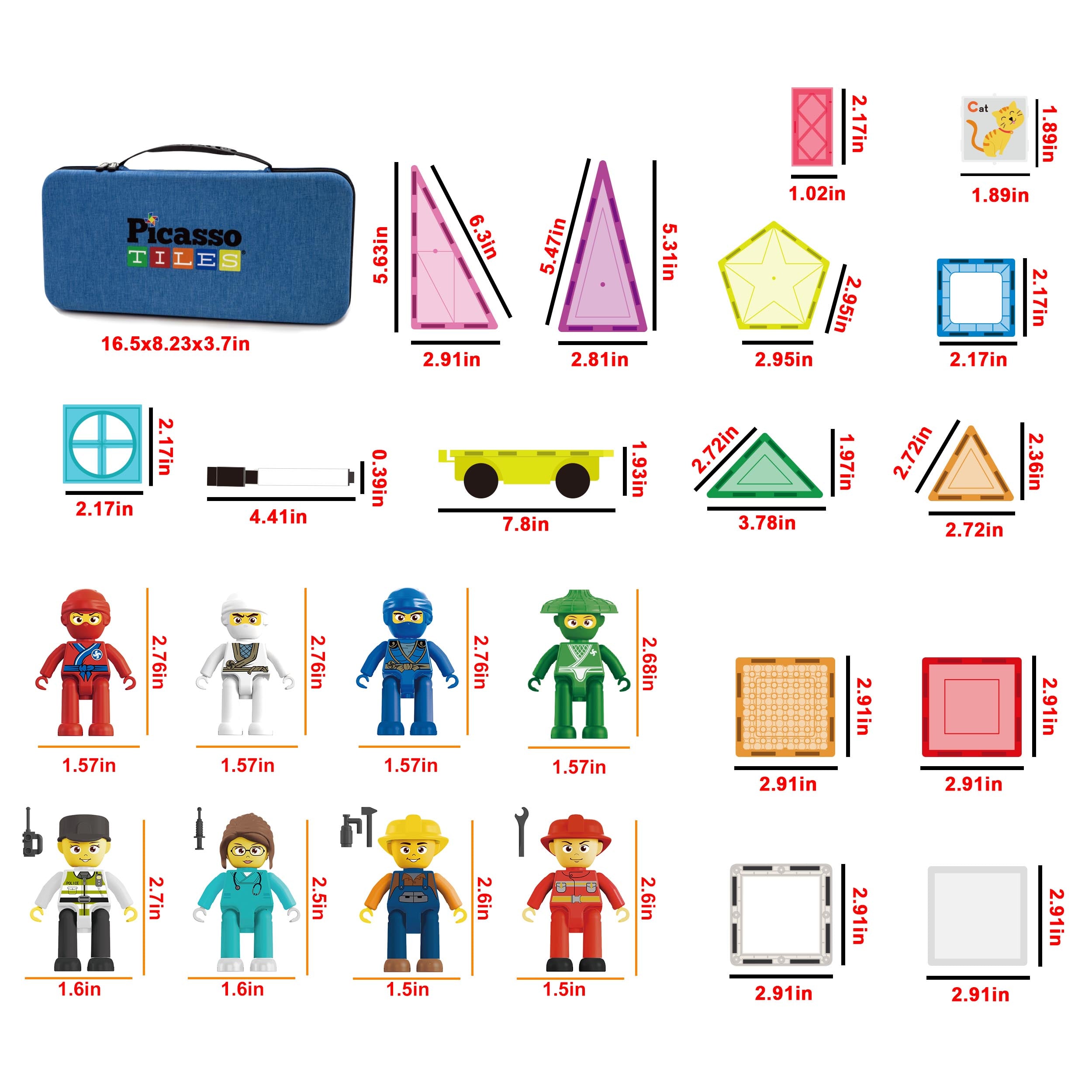 100pc Magnetic Tiles Set with Carry Case & Figures | PicassoTiles