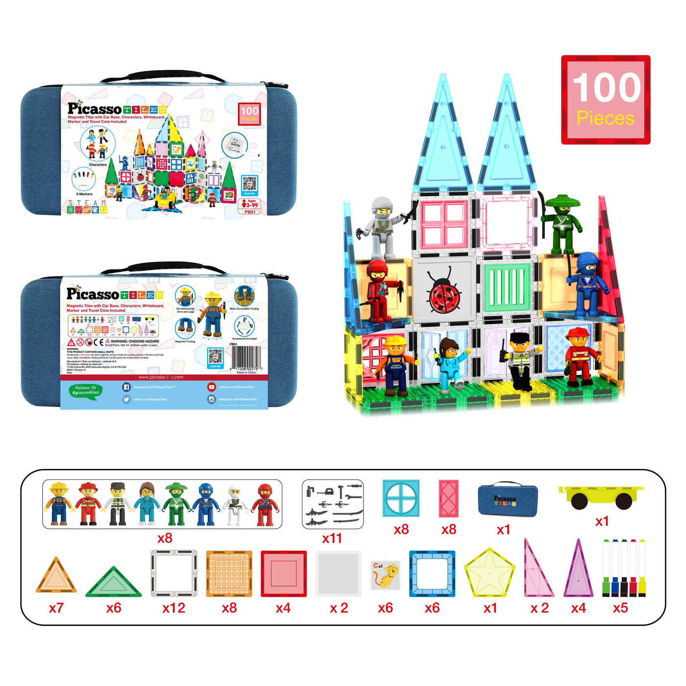 PicassoTiles Magnetic Builders Set - 100 Pieces