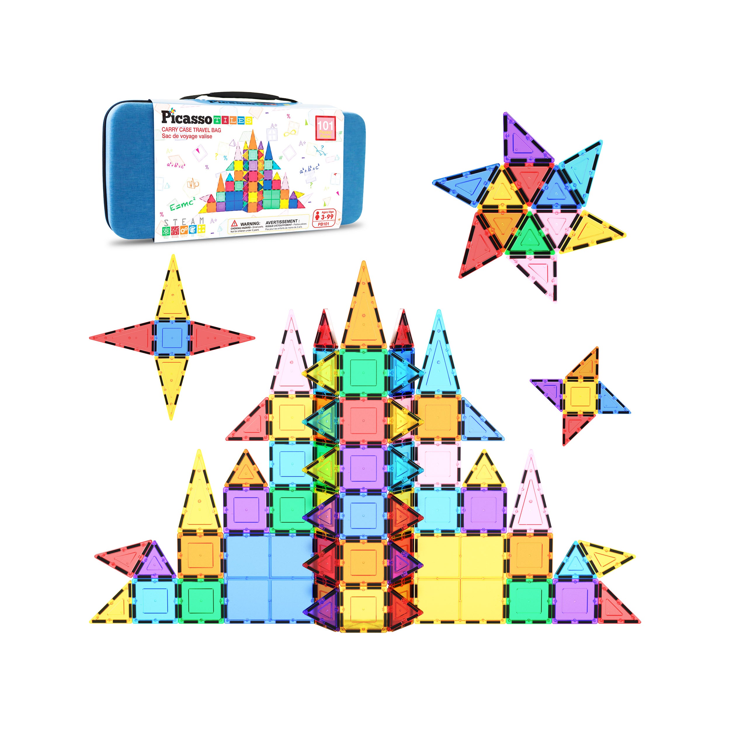 PicassoTiles Magnetic Tiles with Toy Carry Case - 101 Pieces
