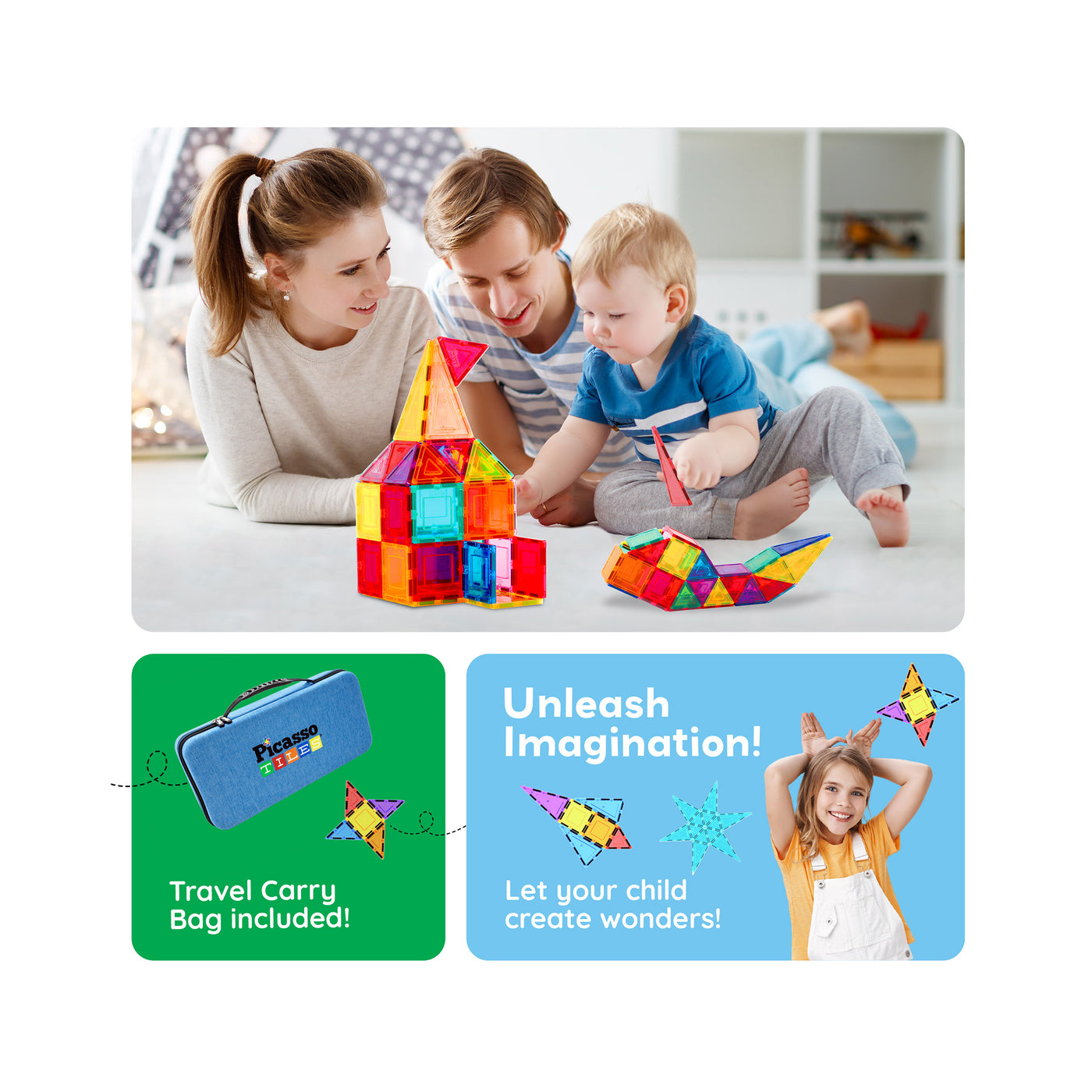PicassoTiles Magnetic Tiles with Toy Carry Case - 101 Pieces