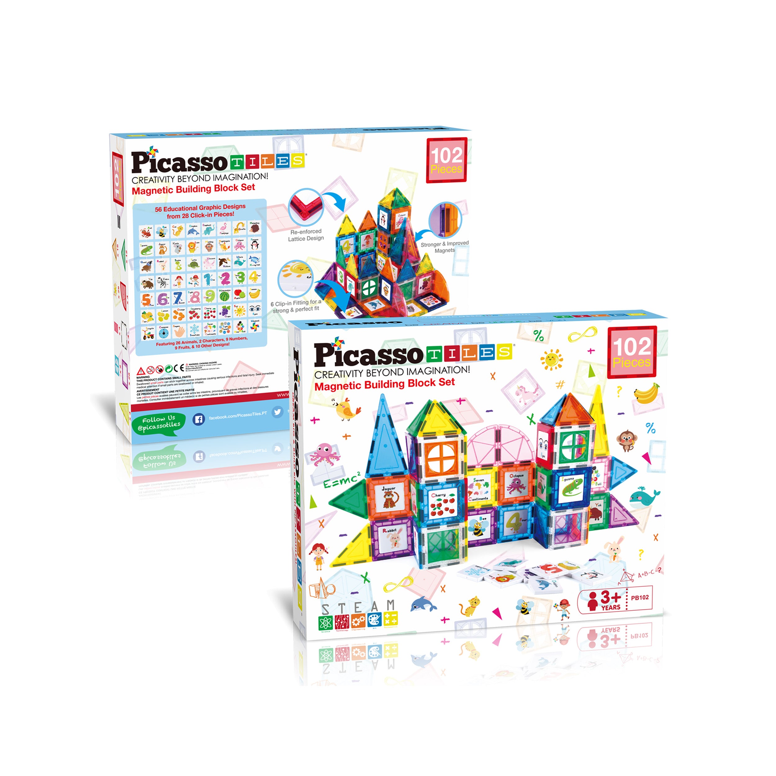 PicassoTiles 102 Piece Magnetic Building Tile Set w/Educational