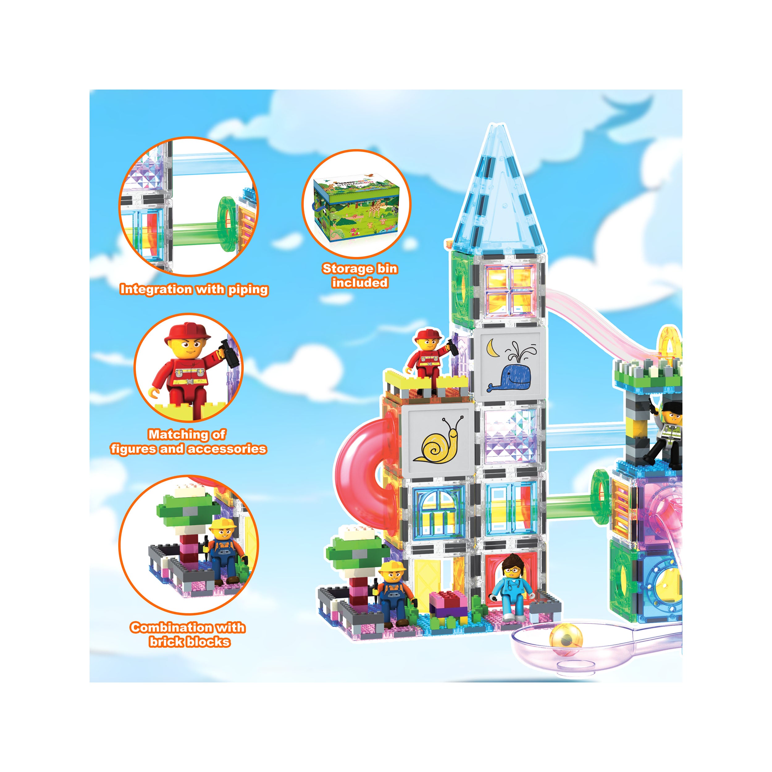 PicassoTiles 3-in-1 Marble Run, Magnetic Tiles, and Interlocking Bricks Set with Storage Bin - 650 Pieces
