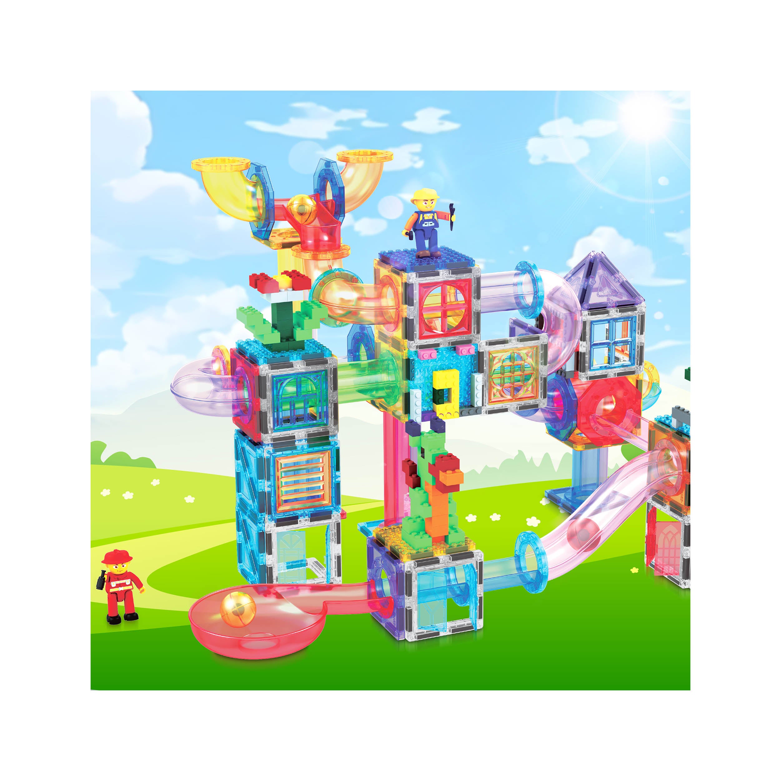 PicassoTiles 3-in-1 Marble Run, Magnetic Tiles, and Interlocking Bricks Set with Storage Bin - 650 Pieces