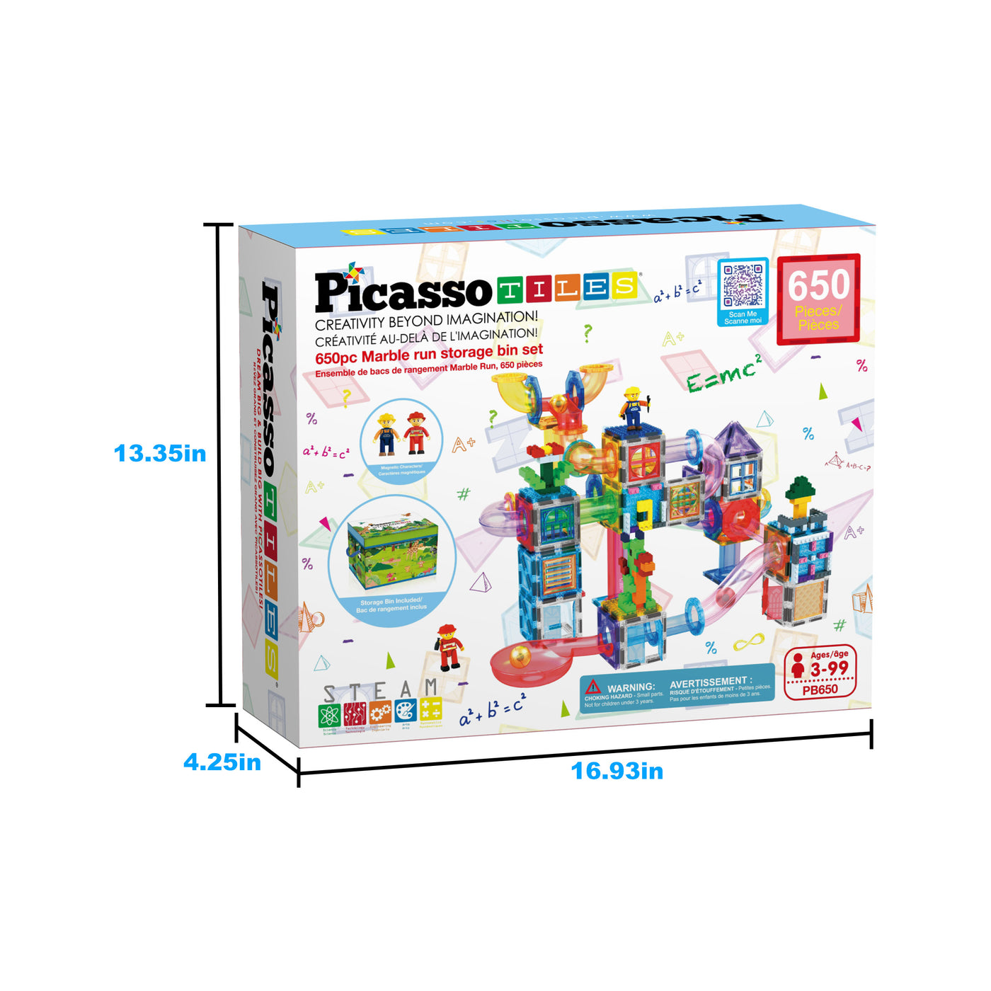PicassoTiles 3-in-1 Marble Run, Magnetic Tiles, and Interlocking Bricks Set with Storage Bin - 650 Pieces