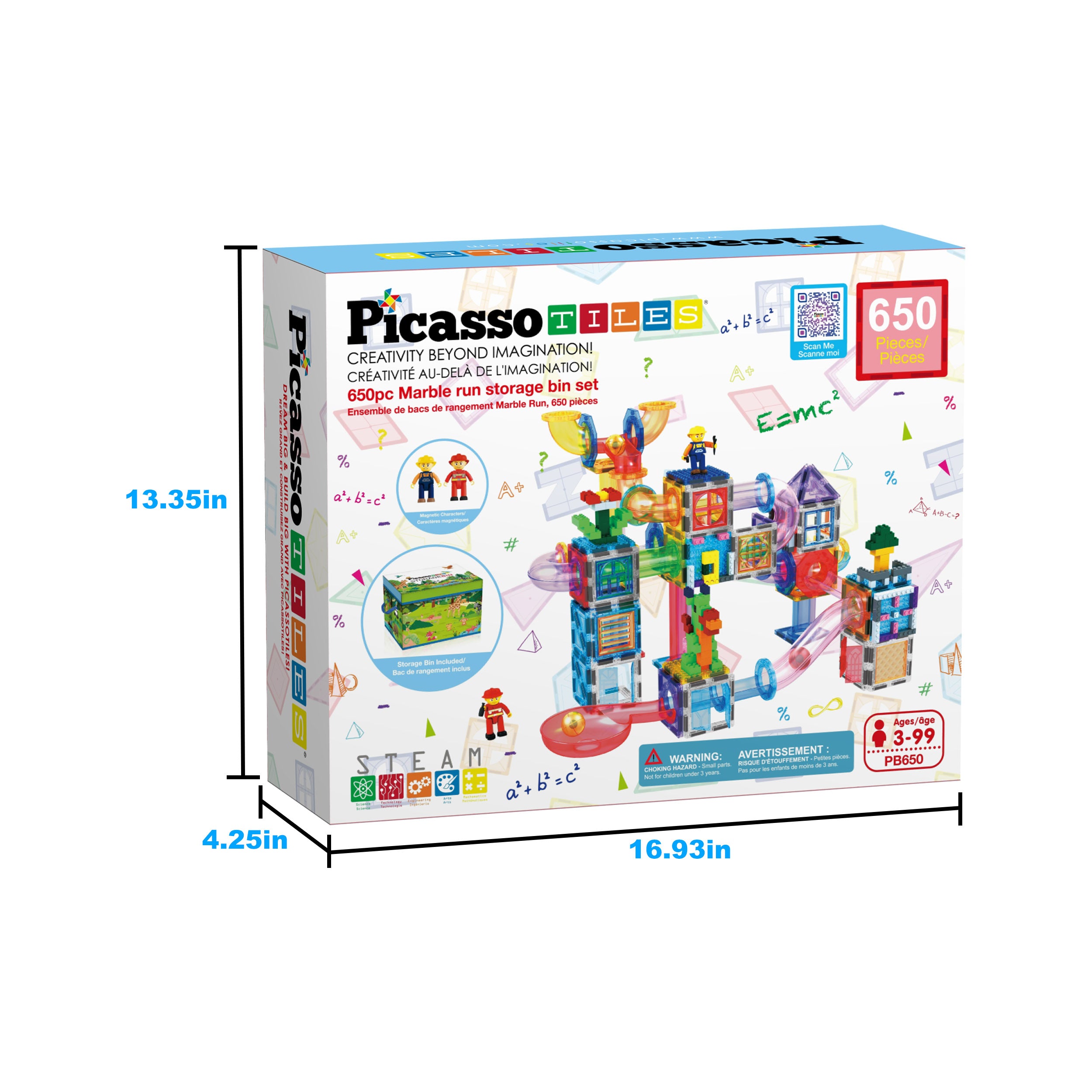 PicassoTiles 3-in-1 Marble Run, Magnetic Tiles, and Interlocking Bricks Set with Storage Bin - 650 Pieces