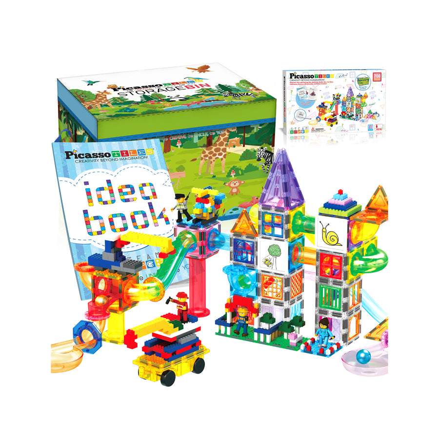 PicassoTiles 700 piece Brick Building Blocks, Magnetic Tiles and Marble Run Set