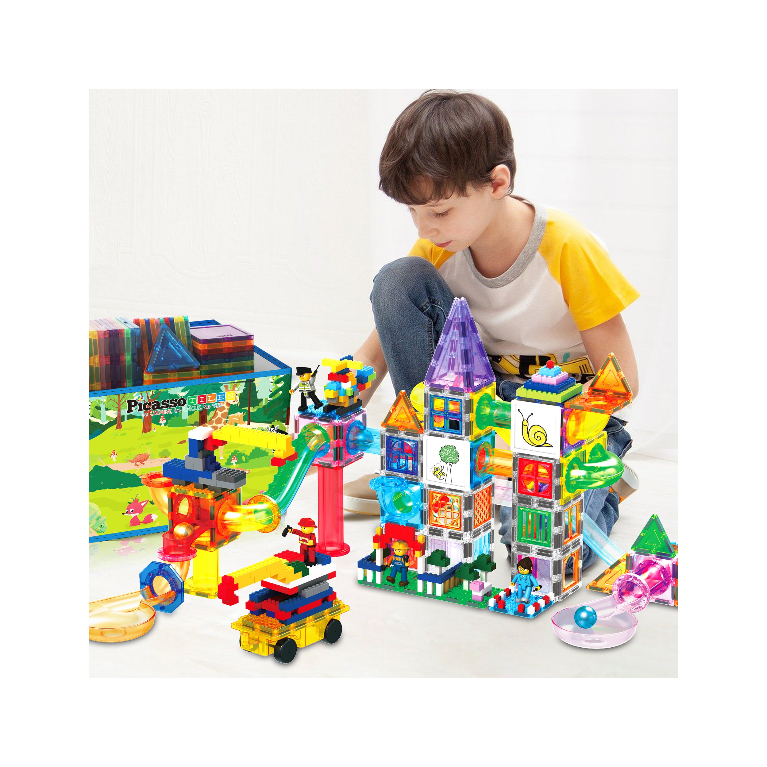 PicassoTiles 700 piece Brick Building Blocks, Magnetic Tiles and Marble Run Set