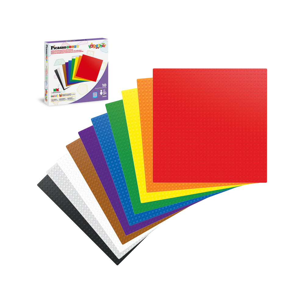 PicassoTiles baseplate set featuring a colorful array of building baseplates and product box.