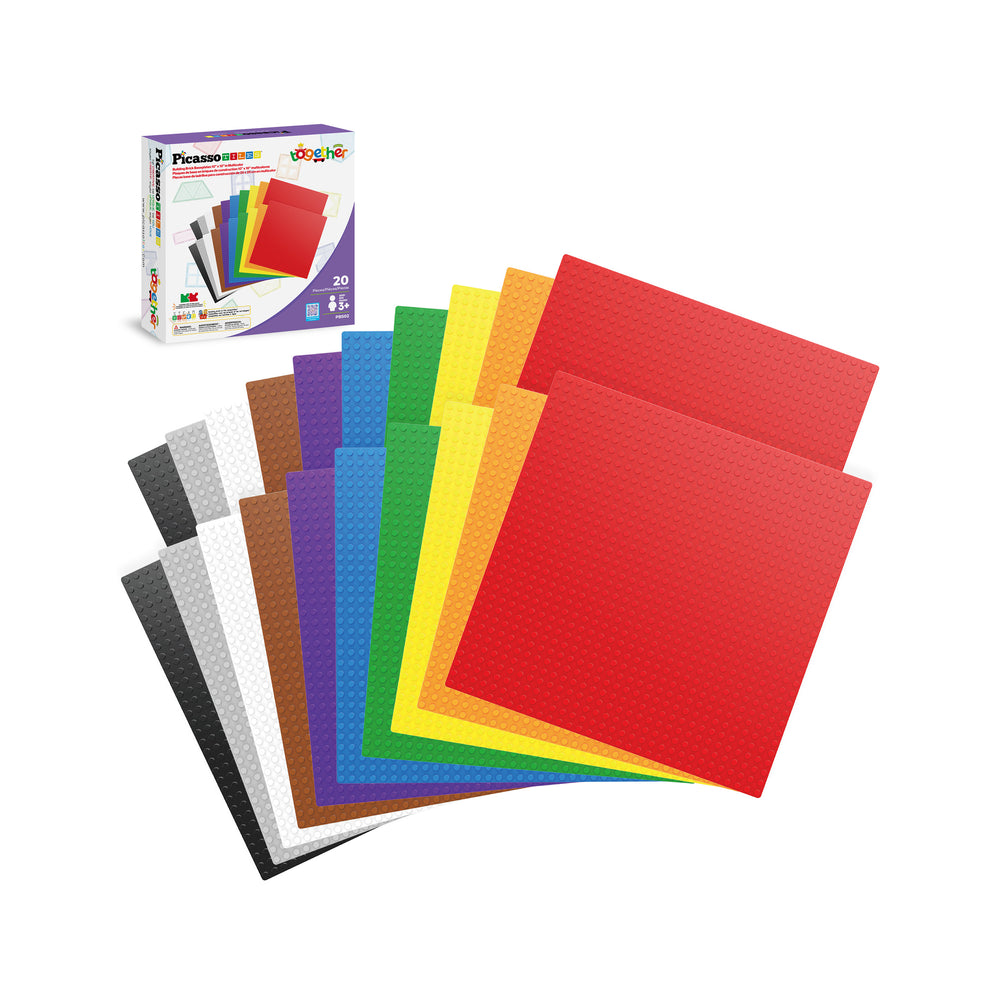 PicassoTiles baseplate set featuring a colorful array of building baseplates and product box.