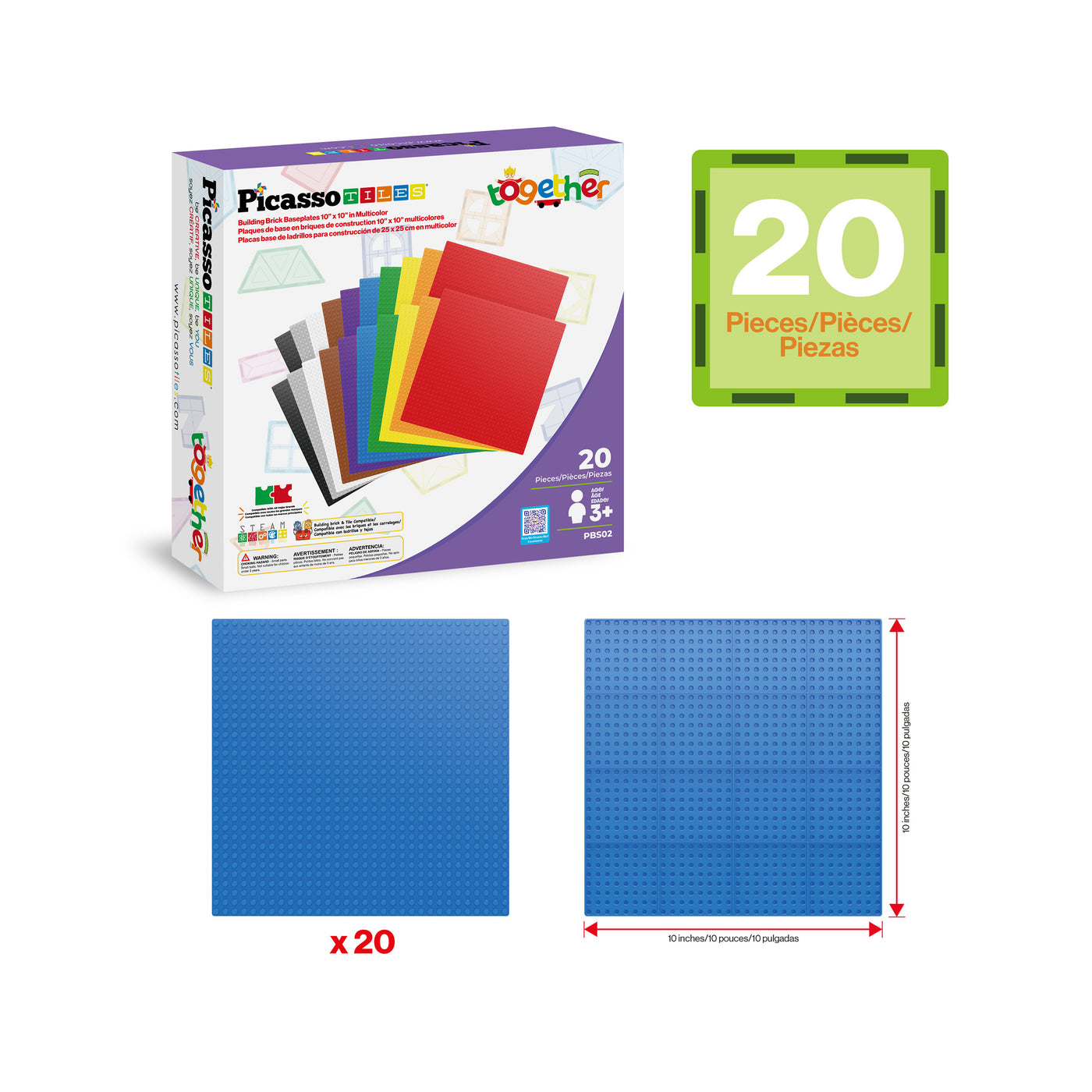 PicassoTiles 10"x10" Classic Multi Color Building Brick Plates - 20 Pack