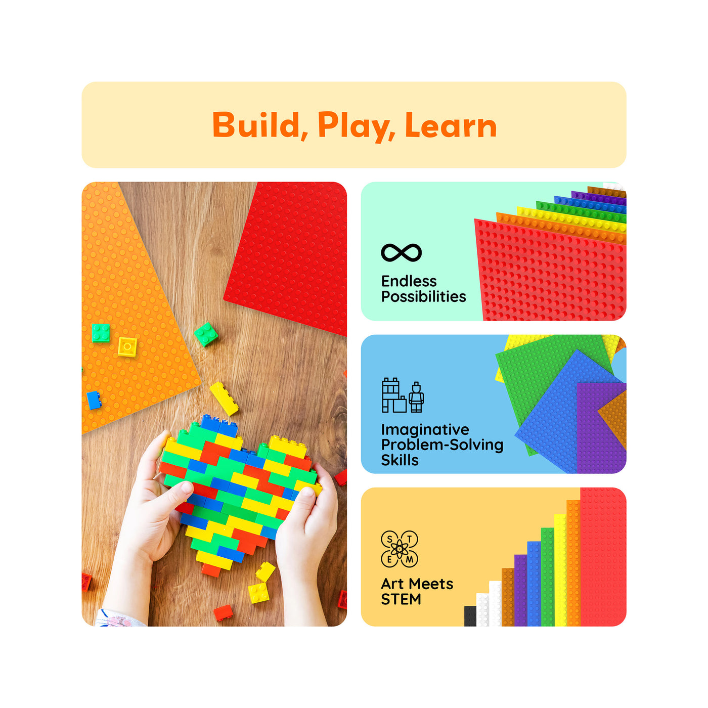 PicassoTiles 10"x10" Classic Multi Color Building Brick Plates - 20 Pack