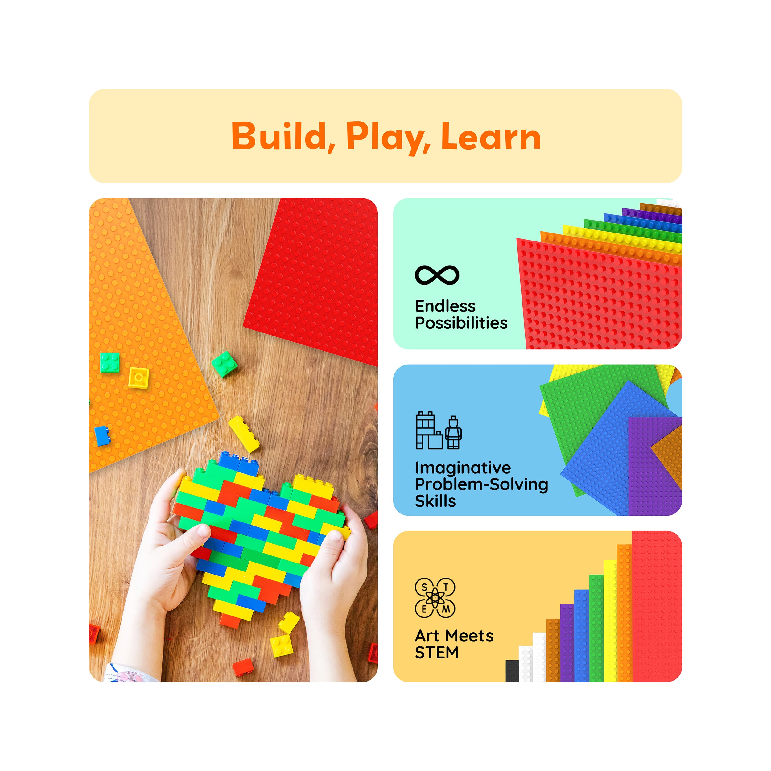 PicassoTiles 10"x10" Classic Multi Color Building Brick Plates - 20 Pack