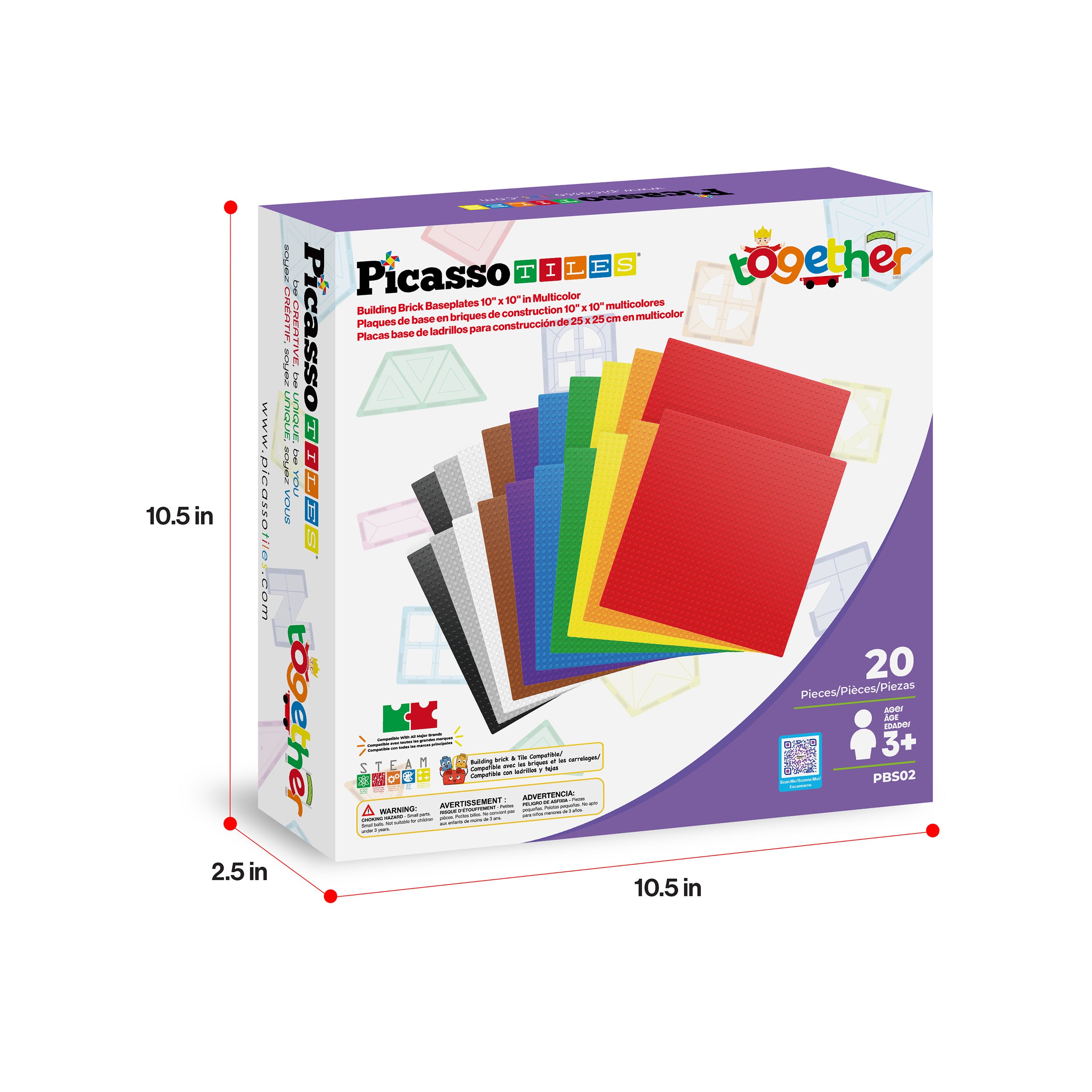 PicassoTiles 10"x10" Classic Multi Color Building Brick Plates - 20 Pack