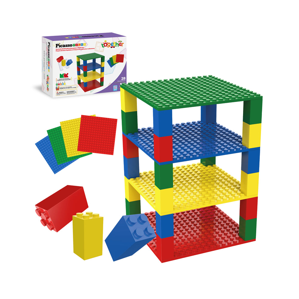 PicassoTiles multi-tiered building structure set with baseplates, bricks, and product box.